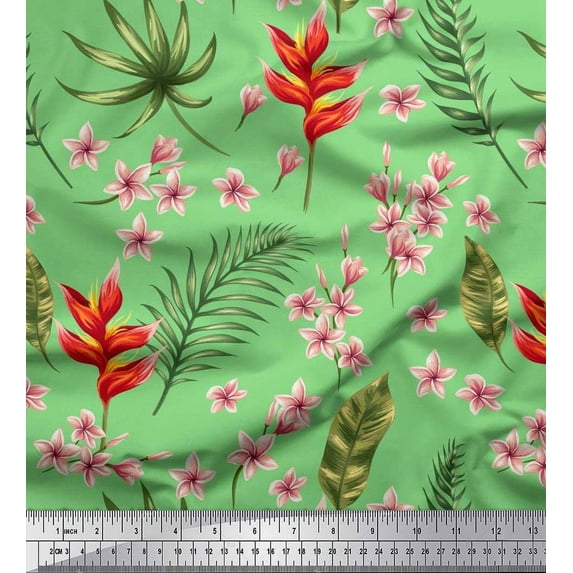 Soimoi Poly Georgette Fabric Leaves & Plumeria Floral Print Fabric by Yard 42 Inch Wide