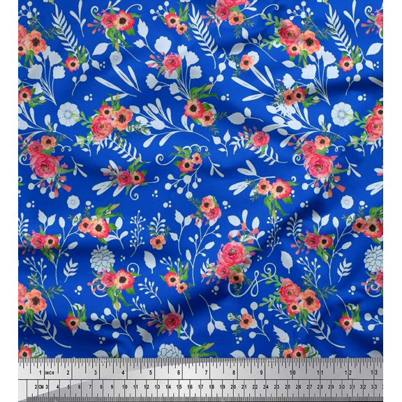 Soimoi Poly Georgette Fabric Leaves & Poppy Anemone Flower Panel Print Sewing Fabric Yard 42 Inch Wide