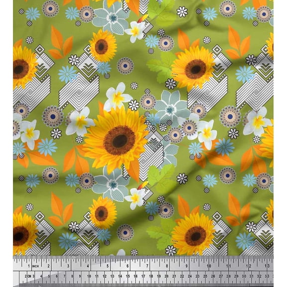 Soimoi Poly Georgette Fabric Leaves & Sunflower Floral Print Sewing Fabric Yard 52 Inch Wide