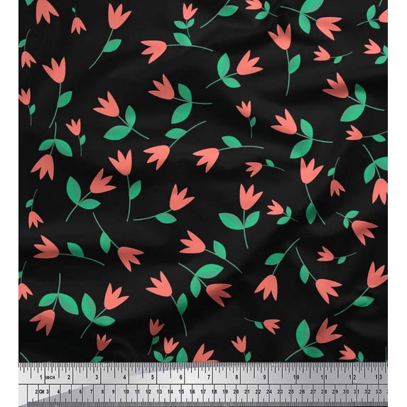 Soimoi Poly Georgette Fabric Leaves & Tulip Flower Clip Art Fabric Prints By Yard 42 Inch Wide