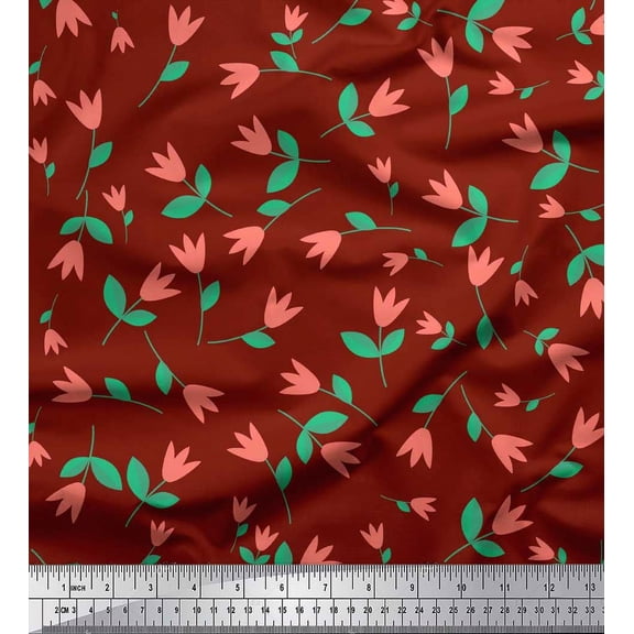 Soimoi Poly Georgette Fabric Leaves & Tulip Flower Clip Art Printed Fabric 1 Yard 42 Inch Wide