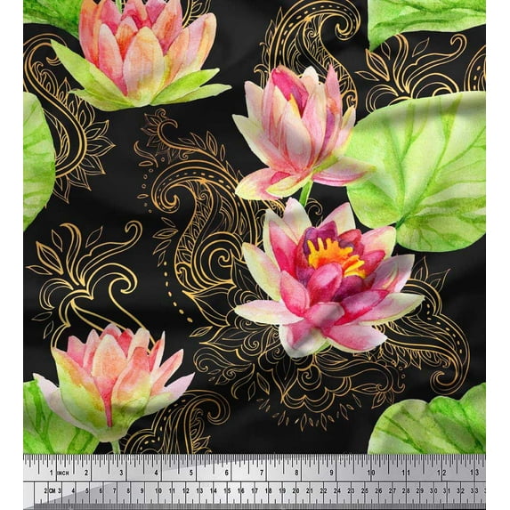 Soimoi Poly Georgette Fabric Paisley,Leaves & Lotus Flower Fabric Prints by Yard 42 Inch Wide