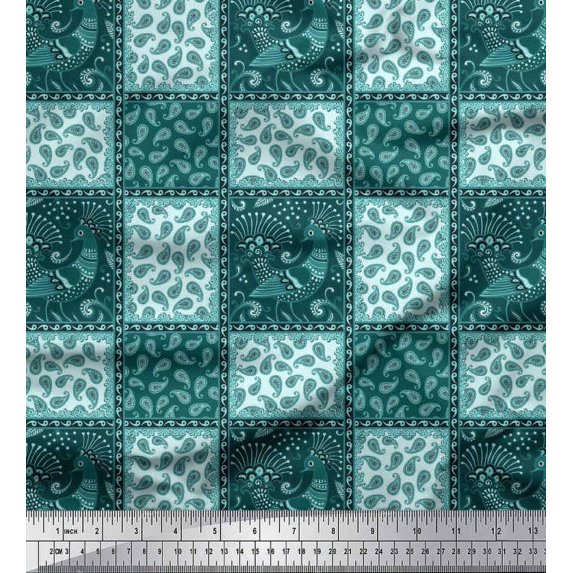 Soimoi Poly Georgette Fabric Peacock,Check & Paisley Patchwork Printed Fabric 1 Yard 52 Inch Wide