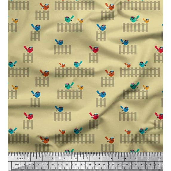 Soimoi Poly Georgette Fabric Picket Fence & Bird Artistic Print Fabric by the Yard 42 Inch Wide