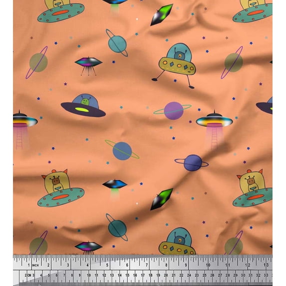 Soimoi Poly Georgette Fabric Planet,Animal & Spaceship Cartoon Printed Fabric 1 Yard 42 Inch Wide