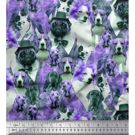 Soimoi Poly Georgette Fabric Pug,Beagle & English Cocker Spaniel Dog Scene Printed Fabric 1 Yard 52 Inch Wide