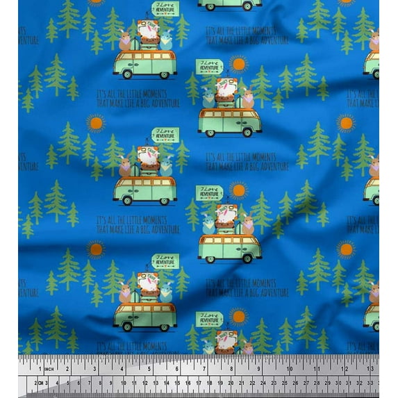 Soimoi Poly Georgette Fabric Rabbit,Van & Suitcase Travel Print Fabric by The Yard 52 Inch Wide