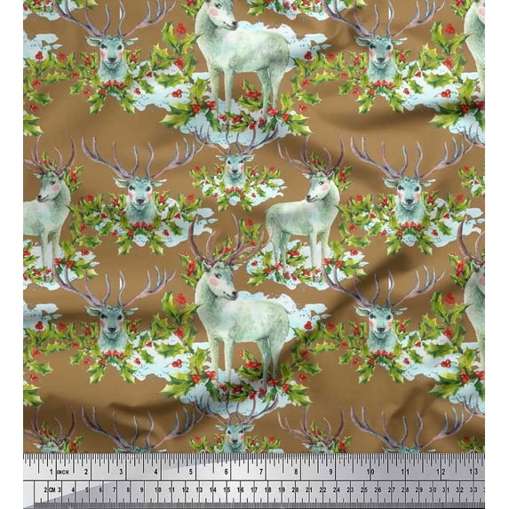 Soimoi Poly Georgette Fabric Red Berries,Holly Leaves & Reindeer Animal Print Fabric by Yard 52 Inch Wide