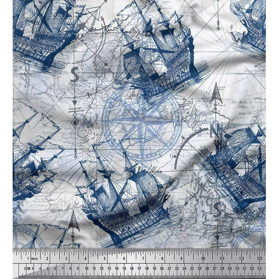 Soimoi Poly Georgette Fabric Ship & Direction Compass Nautical Printed Craft Fabric by the Yard 42 Inch Wide