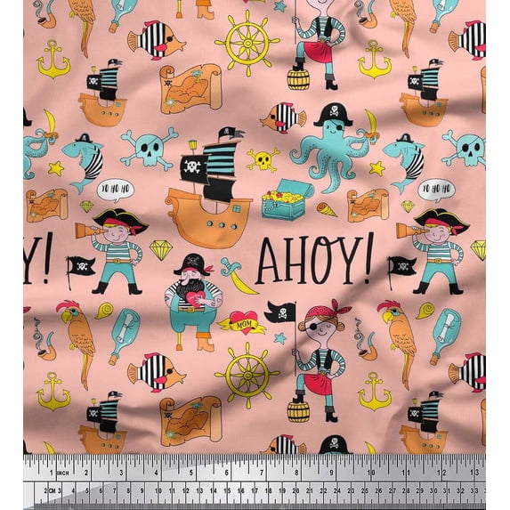 Soimoi Poly Georgette Fabric Ship Wheel,Pirate Boy & Jellyfish Ocean Print Fabric by Yard 42 Inch Wide