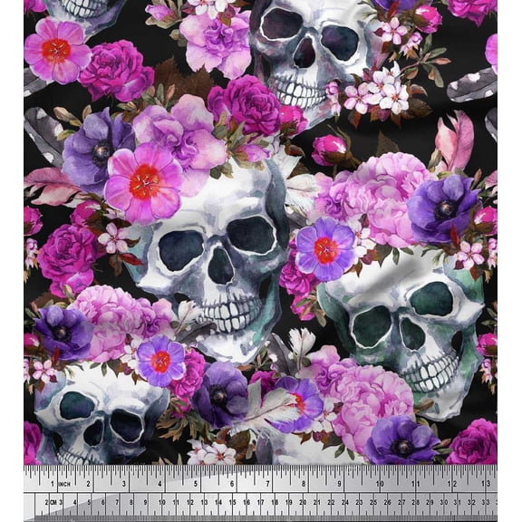 Soimoi Poly Georgette Fabric Skull,Rose & Anemone Flower Print Sewing Fabric Yard 42 Inch Wide