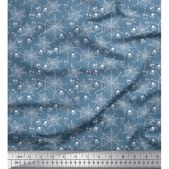 Soimoi Poly Georgette Fabric Spider Web,Crossbone & Skull Halloween Printed Fabric 1 Yard 42 Inch Wide