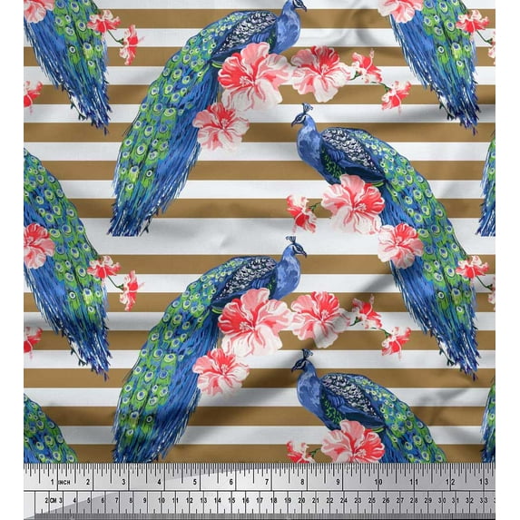 Soimoi Poly Georgette Fabric Stripe,Floral & Peacock Bird Print Sewing Fabric Yard 42 Inch Wide