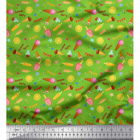 Soimoi Poly Georgette Fabric Sun,Ice Cream & Cocktail Summer Designs Print Fabric by The Yard 42 Inch Wide