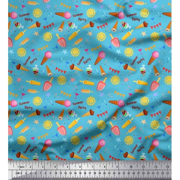 Soimoi Poly Georgette Fabric Sun,Ice Cream & Cocktail Summer Designs Print Fabric by Yard 42 Inch Wide