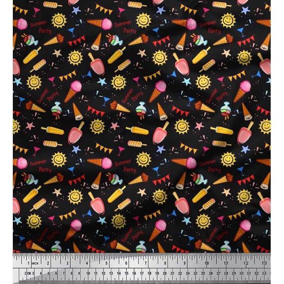 Soimoi Poly Georgette Fabric Sun,Ice Cream & Cocktail Summer Designs Printed Fabric 1 Yard 42 Inch Wide