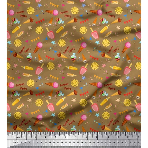 Soimoi Poly Georgette Fabric Sun,Ice Cream & Cocktail Summer Designs Printed Fabric 1 Yard 42 Inch Wide