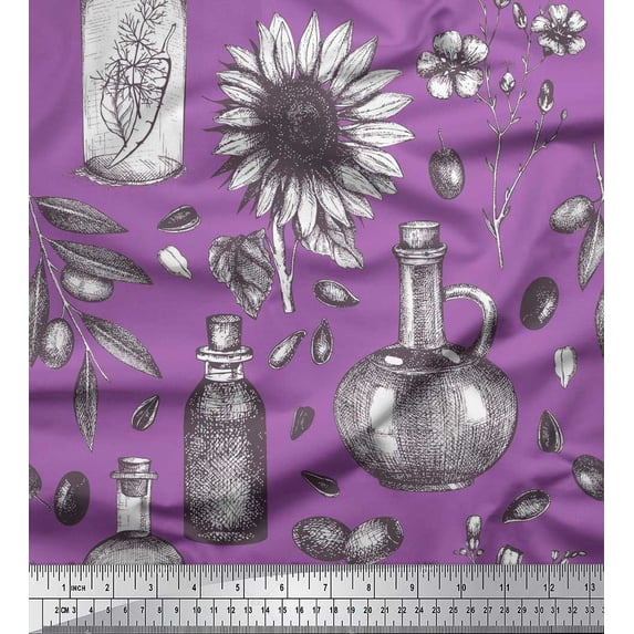 Soimoi Poly Georgette Fabric Sunflower & Jar Vintage Print Fabric by the Yard 52 Inch Wide