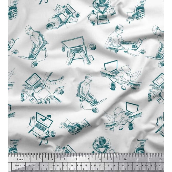 Soimoi Poly Georgette Fabric Tea Cup,Laptop & Men Human Figure Print Fabric by Yard 42 Inch Wide
