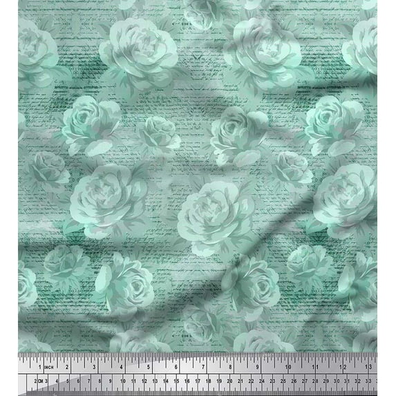 Soimoi Poly Georgette Fabric Text,Leaves & Rose Flower Printed Craft Fabric by the Yard 52 Inch Wide