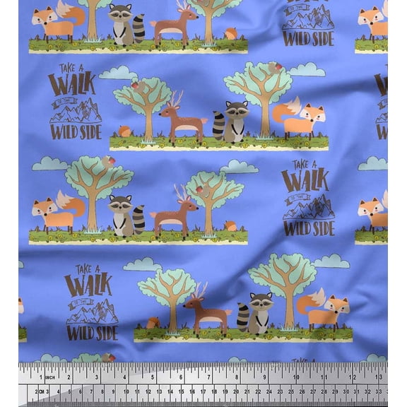 Soimoi Poly Georgette Fabric Tree,Deer & Racoon Cartoon Print Fabric by The Yard 42 Inch Wide