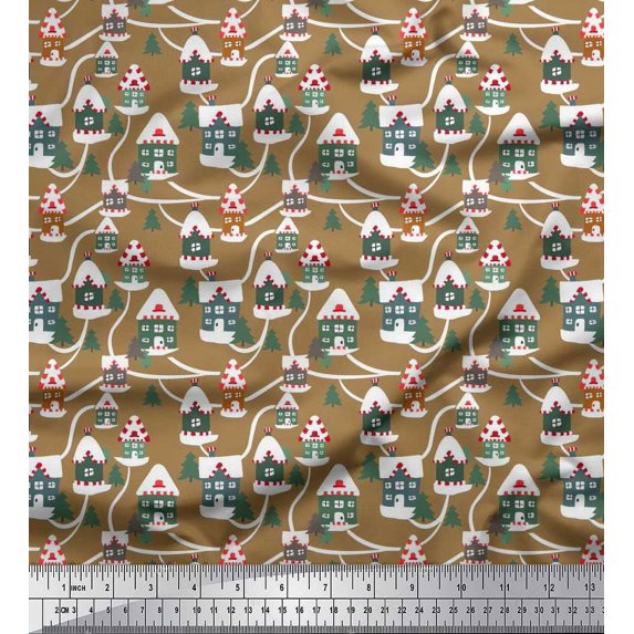 Soimoi Poly Georgette Fabric Tree & House Architectural Print Sewing Fabric Yard 42 Inch Wide