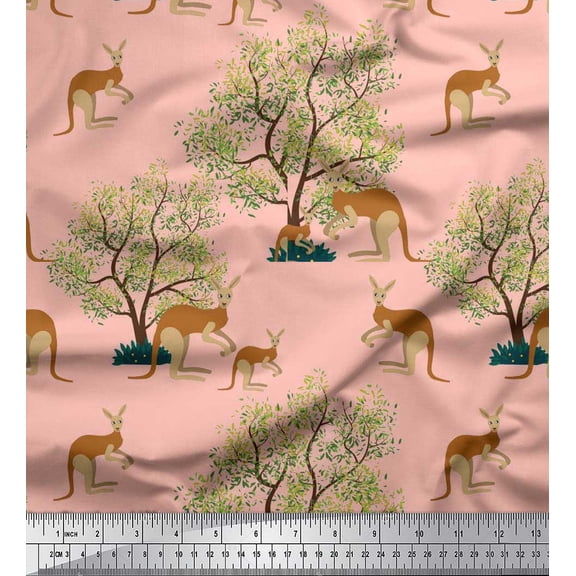 Soimoi Poly Georgette Fabric Tree & Kangaroo Animal Print Sewing Fabric Yard 42 Inch Wide