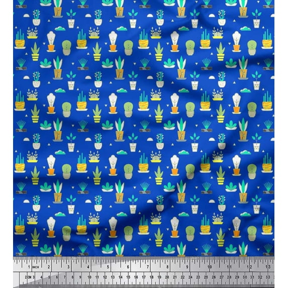 Soimoi Poly Georgette Fabric Triangle,Pot & Cactus Tree Print Fabric by The Yard 42 Inch Wide