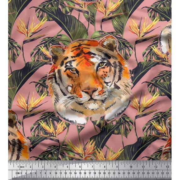 Soimoi Poly Georgette Fabric Tropical Leaves & Tiger Face Jungle Print Sewing Fabric Yard 52 Inch Wide