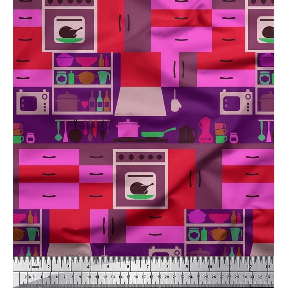 Soimoi Poly Georgette Fabric Utensils & Shelf Kitchen Print Sewing Fabric Yard 42 Inch Wide