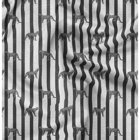 Soimoi Poly Taffeta Black Fabric - By the Yard - 56 Inch Wide - Stripe & Jumping Leopard Animal Pattern Textile - Bold Stripes with the Energetic Leap of a Leopard Printed Fabric