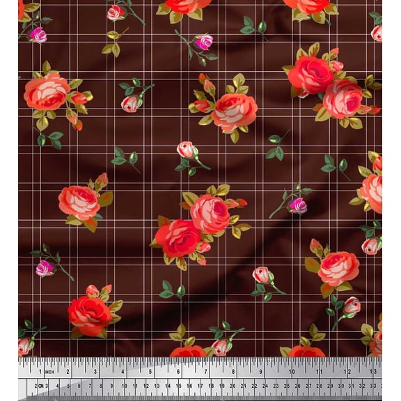 Soimoi Polyester Crepe Fabric Check,Leaves & Rose Flower Printed Fabric 1 Yard 42 Inch Wide