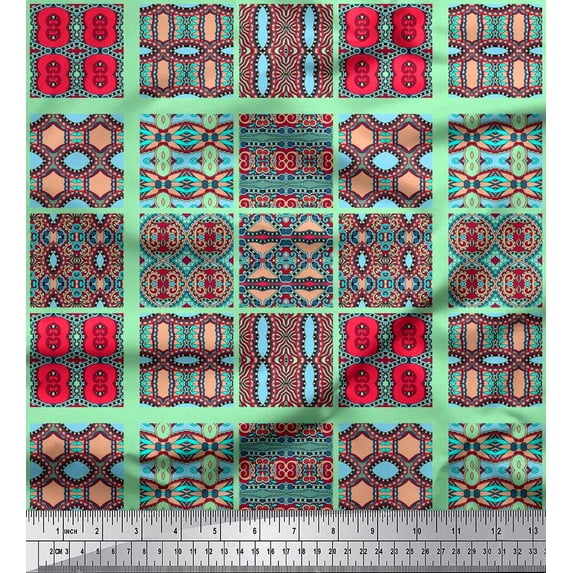 Soimoi Polyester Crepe Fabric Check & Moroccan Patchwork Print Fabric by The Yard 52 Inch Wide