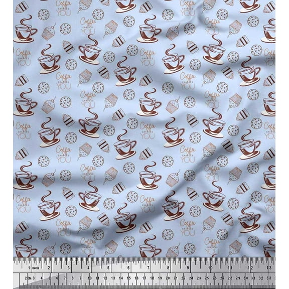 Soimoi Polyester Crepe Fabric Coffee,Cookies & Cupcake Food Print Sewing Fabric Yard 52 Inch Wide