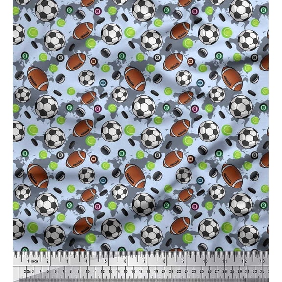 Soimoi Polyester Crepe Fabric Cricket Ball,Rugby & Football Sports Print Sewing Fabric Yard 42 Inch Wide