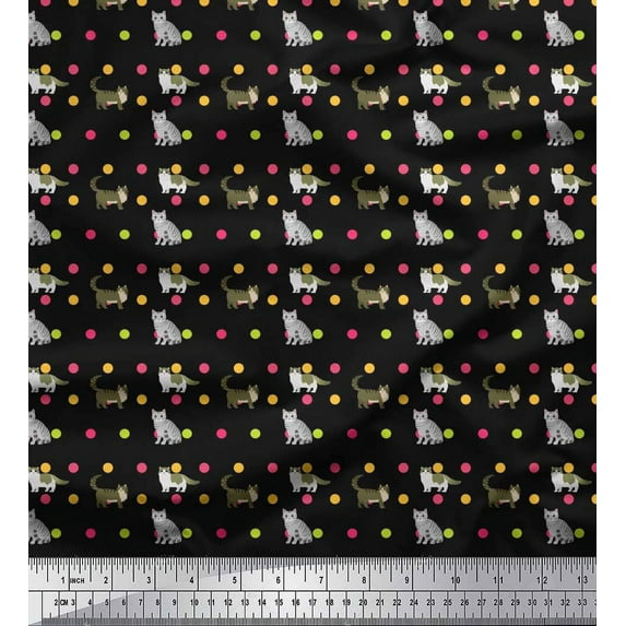 Soimoi Polyester Crepe Fabric Dot & Cat Animal Print Fabric by The Yard 42 Inch Wide