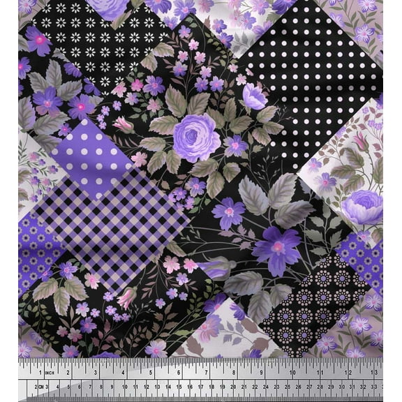 Soimoi Polyester Crepe Fabric Dot,Floral & Check Patchwork Print Fabric by The Yard 42 Inch Wide