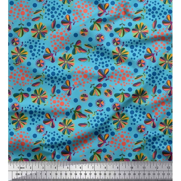 Soimoi Polyester Crepe Fabric Dot,Leaves & Floral Clip Art Print Fabric by The Yard 42 Inch Wide