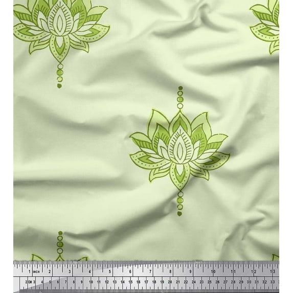 Soimoi Polyester Crepe Fabric Dot & Lotus Block Print Fabric by The Yard 52 Inch Wide