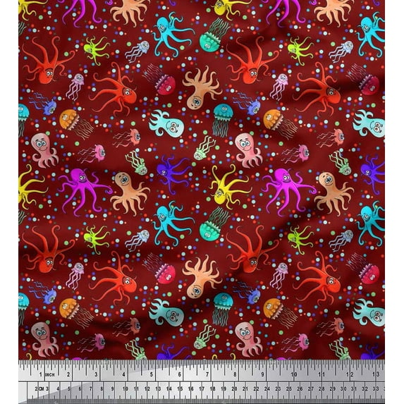 Soimoi Polyester Crepe Fabric Dot,Octopus & Jellyfish Ocean Fabric Prints by Yard 52 Inch Wide