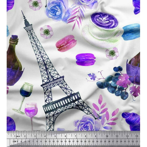 Soimoi Polyester Crepe Fabric Eiffel Tower,Floral & Wine Glass Fashion Print Fabric by The Yard 52 Inch Wide