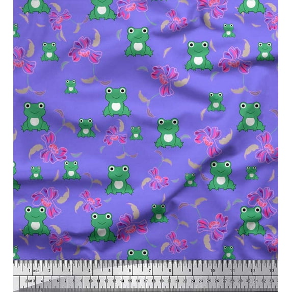 Soimoi Polyester Crepe Fabric Floral & Frog Cartoon Printed Fabric 1 Yard 52 Inch Wide