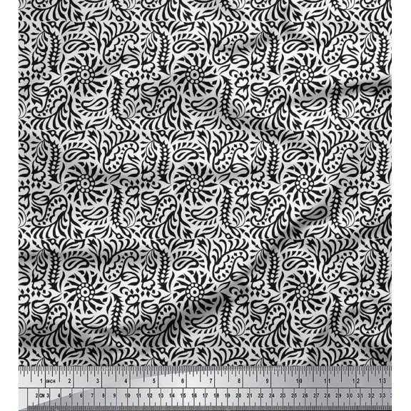 Soimoi Polyester Crepe Fabric Floral & Paisley Block Print Sewing Fabric Yard 42 Inch Wide