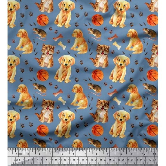 Soimoi Polyester Crepe Fabric Footprint,Dog & Cat Animal Print Fabric by Yard 42 Inch Wide