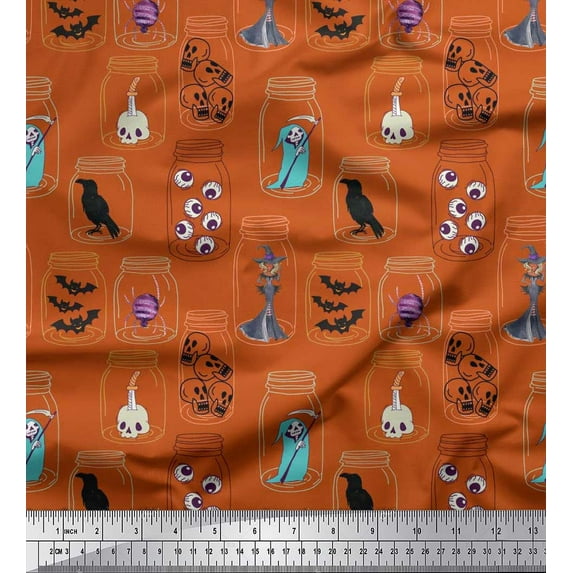 Soimoi Polyester Crepe Fabric Ghost,Skull & Witch Halloween Print Fabric by The Yard 42 Inch Wide