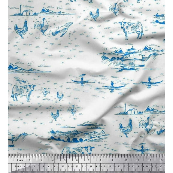 Soimoi Polyester Crepe Fabric House,Cock & Cow Farm Printed Fabric 1 Yard 42 Inch Wide