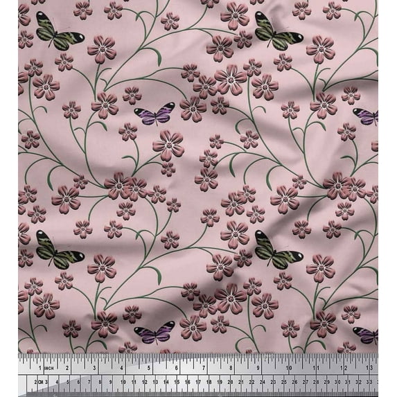 Soimoi Polyester Crepe Fabric Insect,Leaves & Flower Floral Print Fabric by Yard 42 Inch Wide