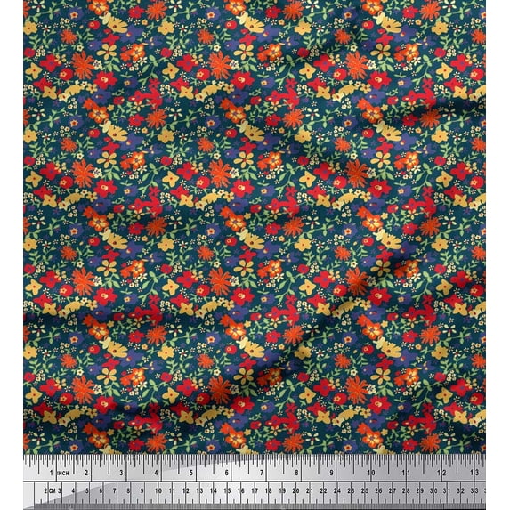Soimoi Polyester Crepe Fabric Leaves & Floral Artistic Print Fabric by Yard 42 Inch Wide