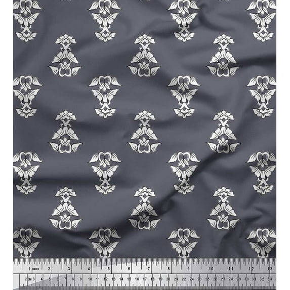 Soimoi Polyester Crepe Fabric Leaves & Floral Block Printed Fabric 1 Yard 52 Inch Wide