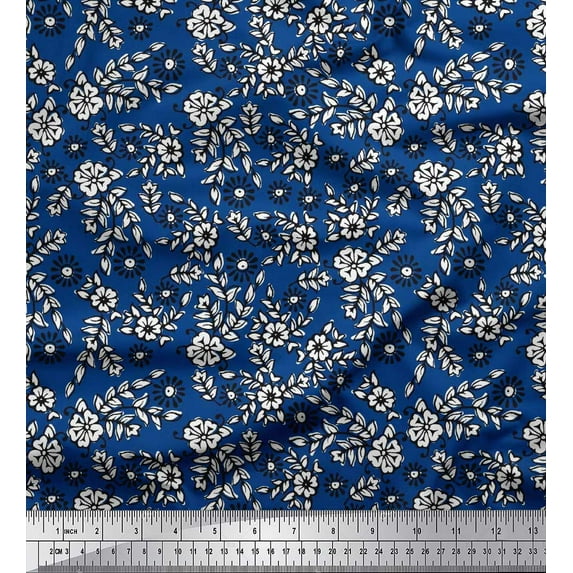 Soimoi Polyester Crepe Fabric Leaves & Floral Block Printed Fabric 1 Yard 52 Inch Wide